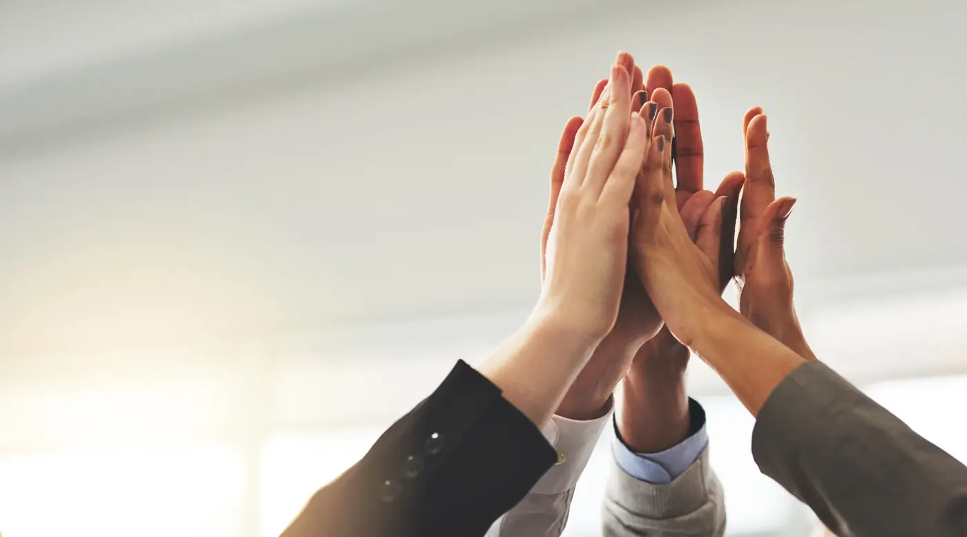 Team viert succes met high-five — samen werken aan jouw slagen voor het inburgeringsexamen