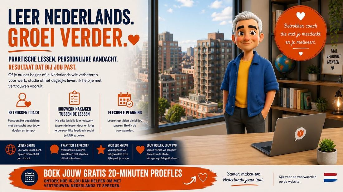 Leer Nederlands, groei verder — praktische lessen, persoonlijke aandacht, resultaat dat bij jou past